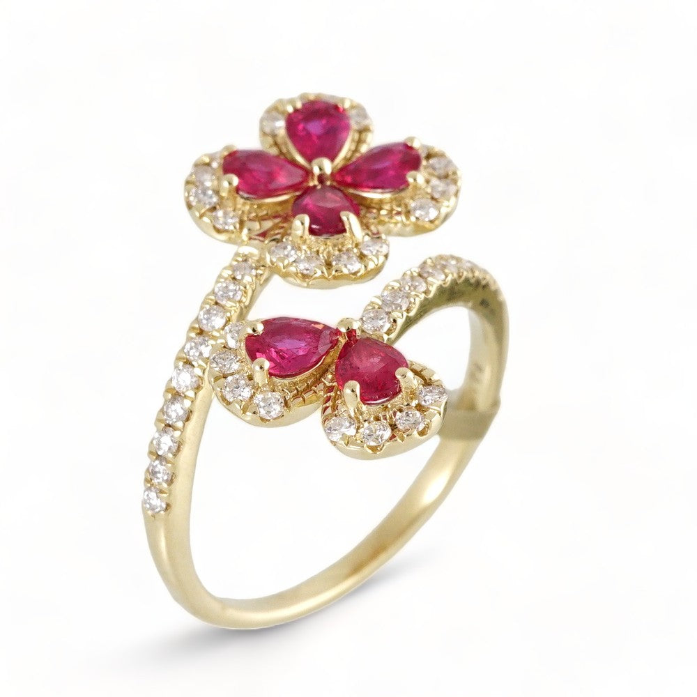 14k Gold Diamond Red Flowers Ring image 0