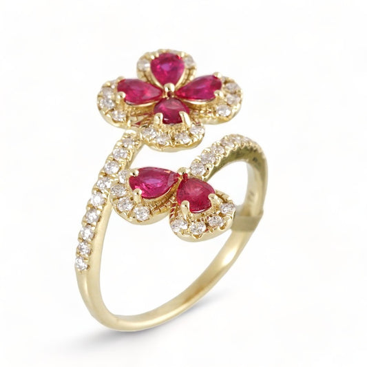 14k Gold Diamond Red Flowers Ring image 0