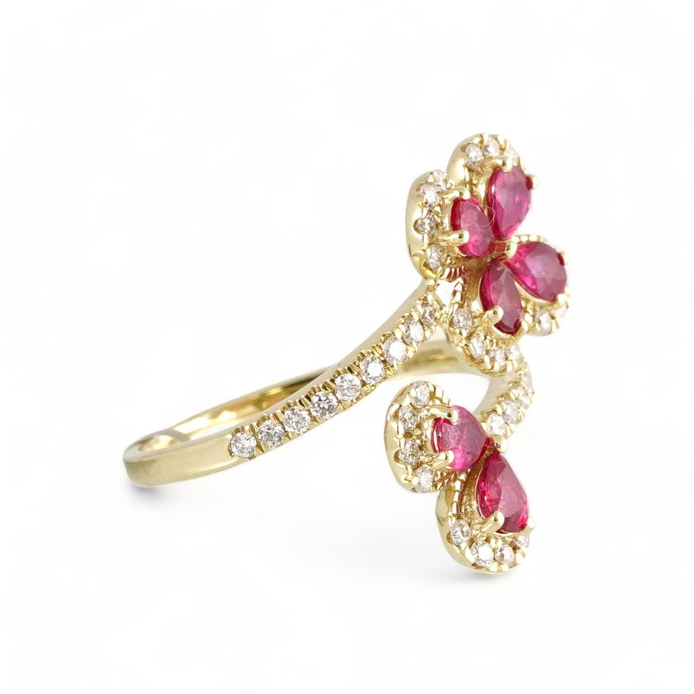 14k Gold Diamond Red Flowers Ring image 1