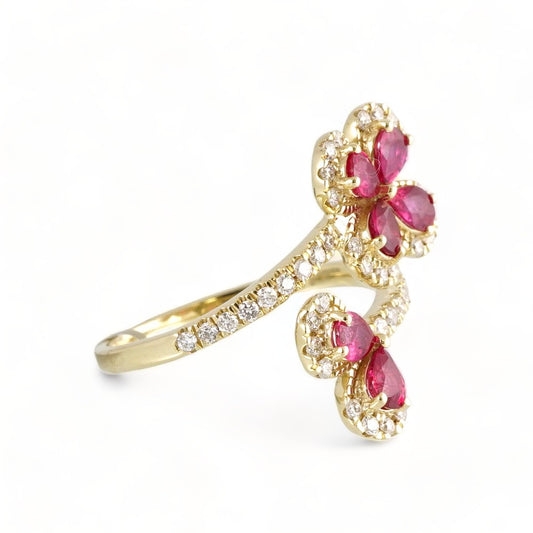 14k Gold Diamond Red Flowers Ring image 1