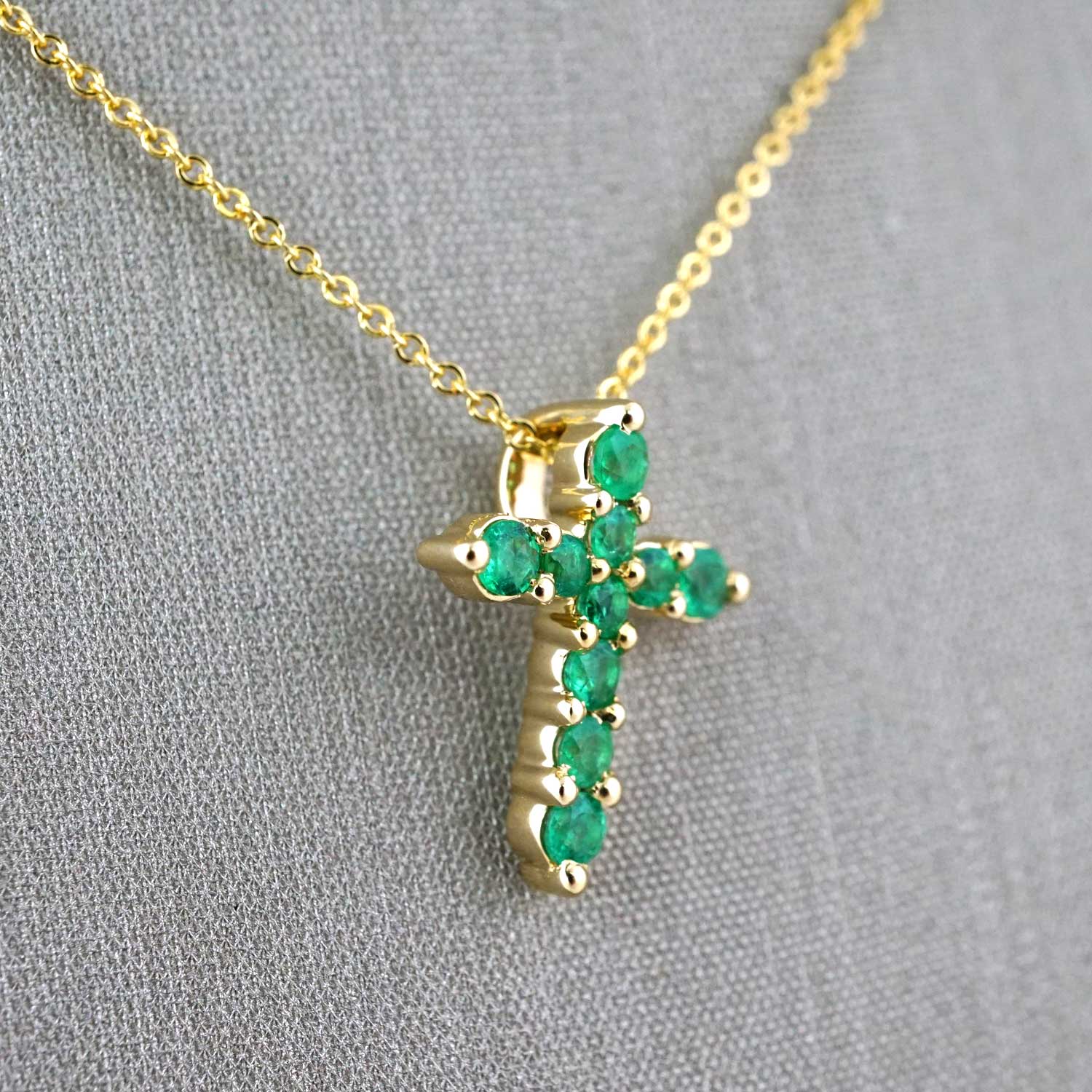 14k Yellow Gold Diamond Green Cross Chain image 1