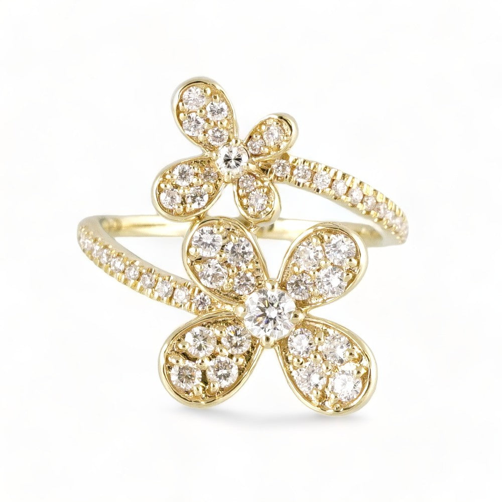 14k Gold Diamond 2 Flowers Ring image 2