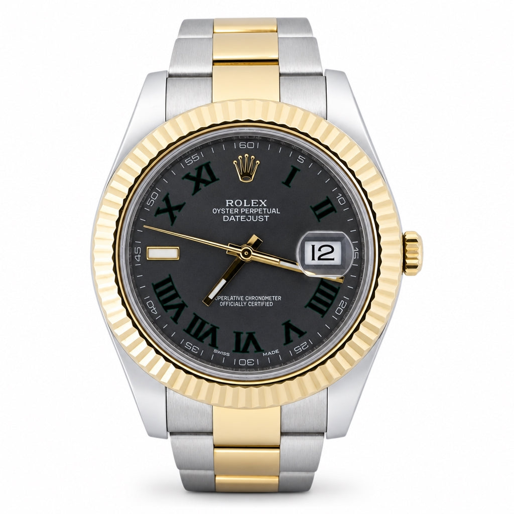 Rolex Oyster Perpetual Datejust watch with a two-tone silver and gold stainless steel bracelet, fluted gold bezel, and a dark gray dial with Roman numerals.