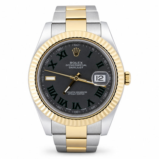 Rolex Oyster Perpetual Datejust watch with a two-tone silver and gold stainless steel bracelet, fluted gold bezel, and a dark gray dial with Roman numerals.