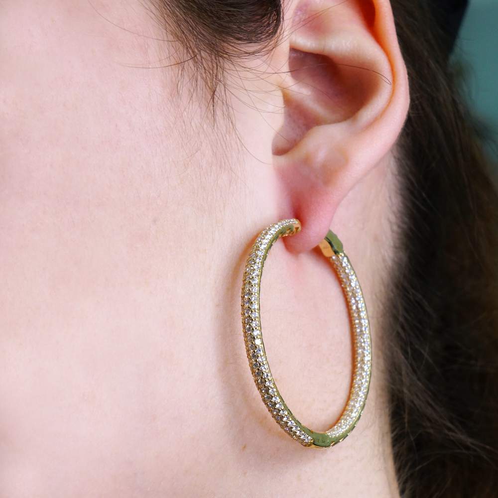 14k Diamond Gold Hoops 2 Inches image 3