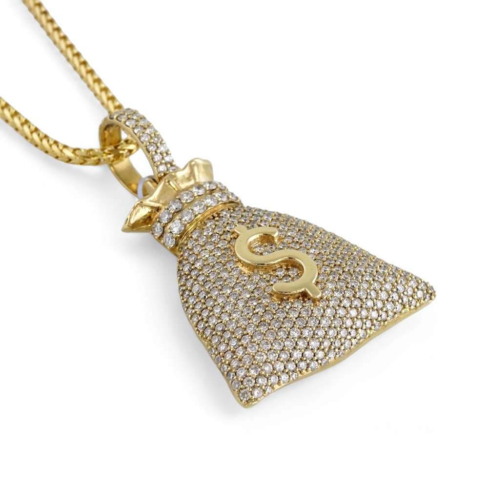 14k Yellow Gold Diamond Money Bag Pendant image 2