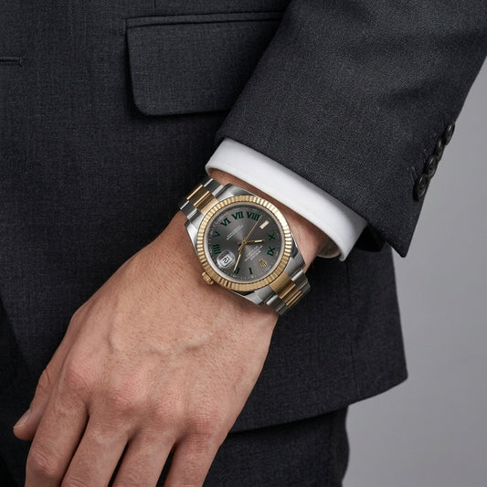 A two-tone stainless steel and gold wristwatch with a dark green dial, worn on a man's wrist. The watch is styled with a white dress shirt cuff and a dark gray suit jacket, photographed against a neutral gray background.