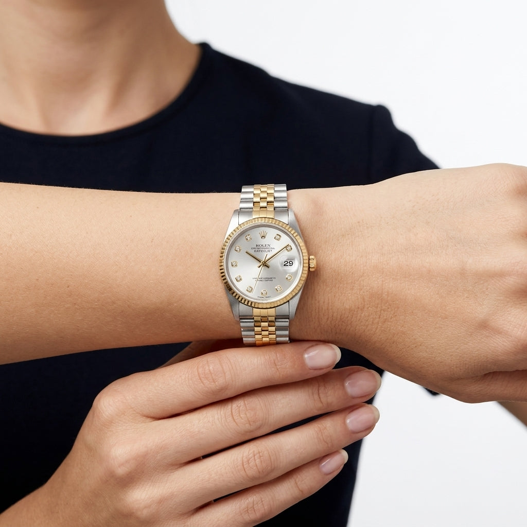 A close-up of a woman's wrist wearing a Rolex Datejust watch with a two-tone silver and gold stainless steel bracelet, a gold bezel, and a white dial.