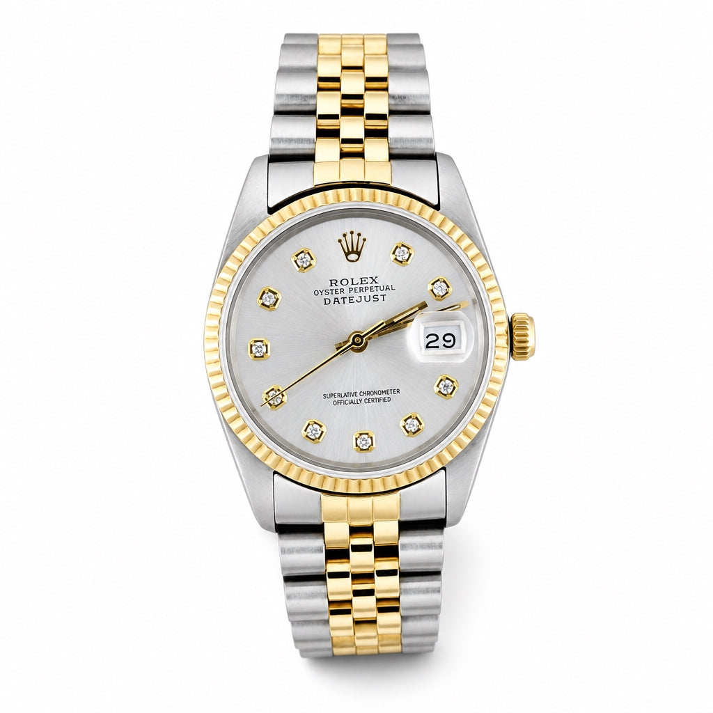 Rolex Oyster Perpetual Datejust watch with a two-tone silver and gold stainless steel case and bracelet, featuring a silver dial with diamond hour markers and a gold-tone bezel.
