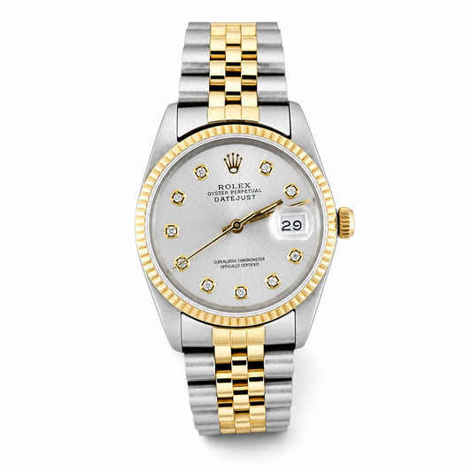 Rolex Oyster Perpetual Datejust watch with a two-tone silver and gold stainless steel case and bracelet, featuring a silver dial with diamond hour markers and a gold-tone bezel.