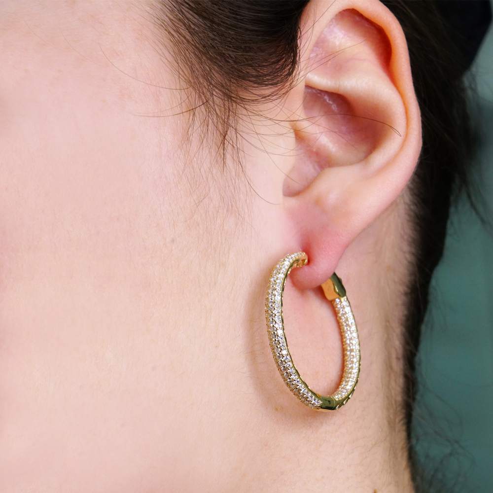 14k Diamond Gold Hoops 2 Inches image 3