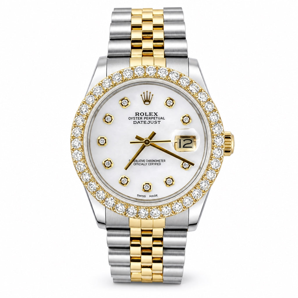 Rolex Oyster Perpetual Datejust watch with a two-tone silver and gold jubilee bracelet, a diamond-encrusted bezel, and a white dial with gold hands and hour markers.