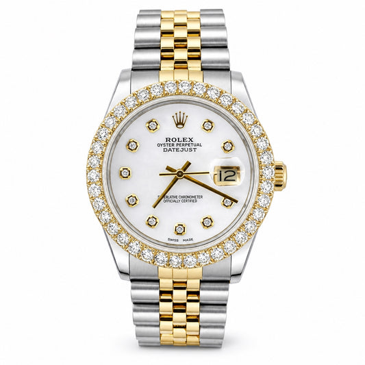 Rolex Oyster Perpetual Datejust watch with a two-tone silver and gold jubilee bracelet, a diamond-encrusted bezel, and a white dial with gold hands and hour markers.