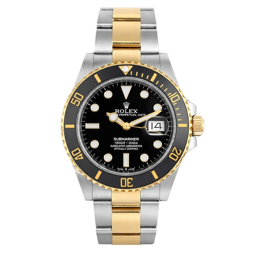 Two-tone Rolex watch with black face on a white background
