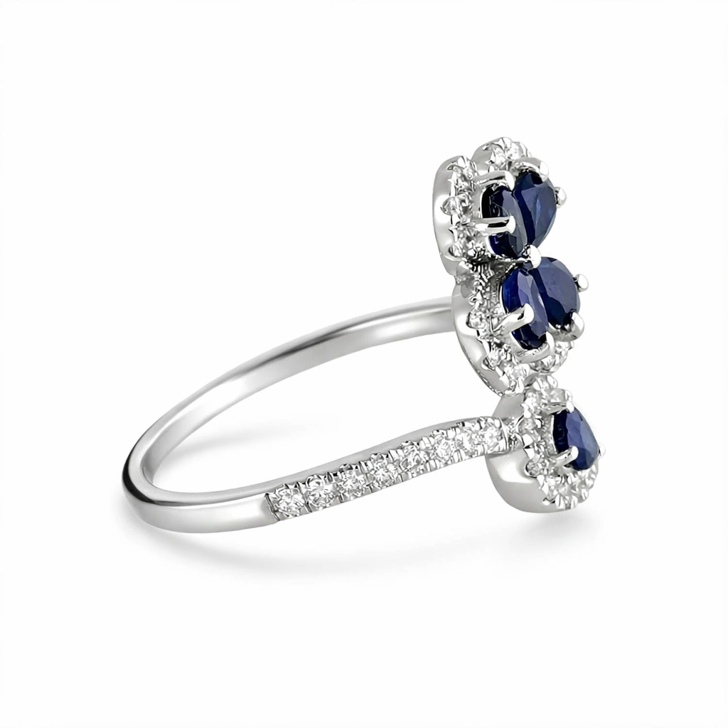 14k White Gold Diamond Blue Stone Flowers Ring