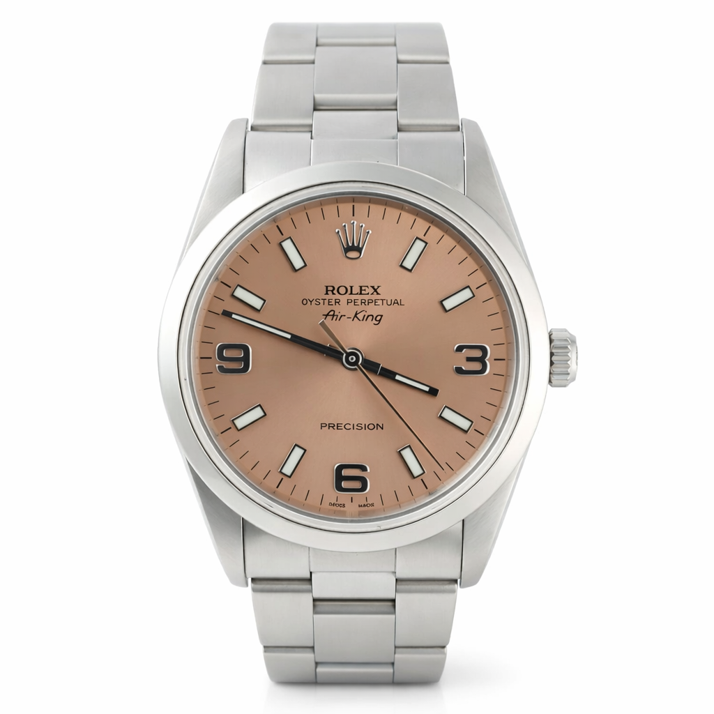 Silver Rolex watch with a brown dial on a white background