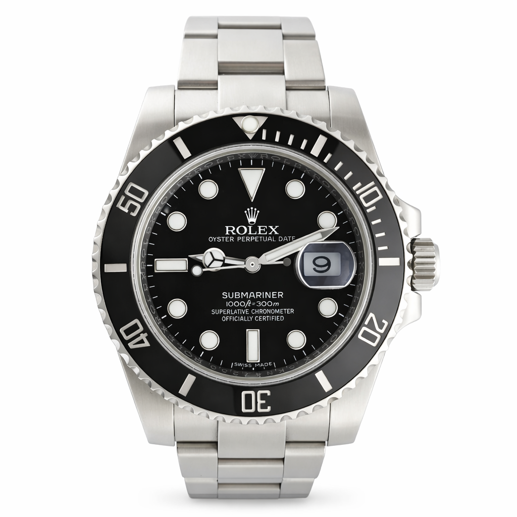 Rolex Submariner watch with black dial and silver metal bracelet on a white background
