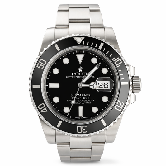 Rolex Submariner watch with black dial and silver metal bracelet on a white background