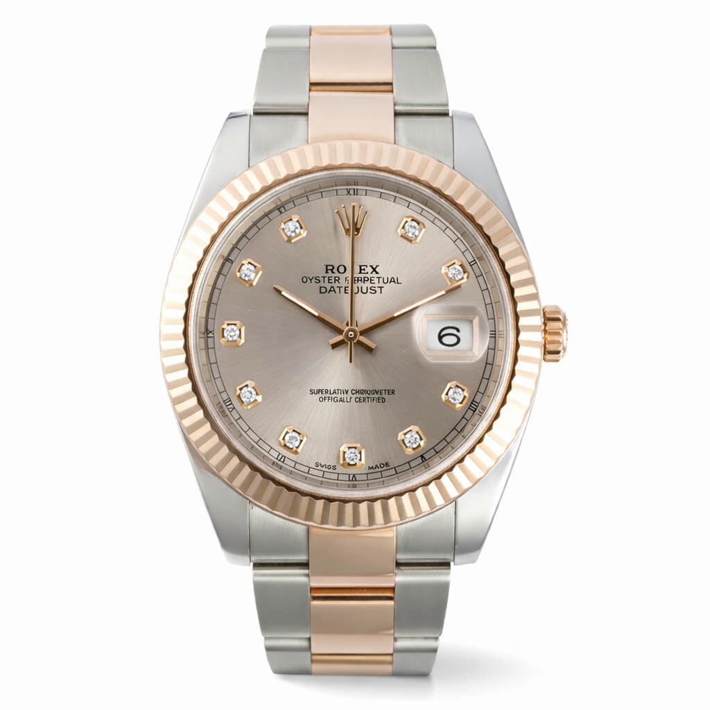 Luxury two-tone watch with diamond-studded face on a white background