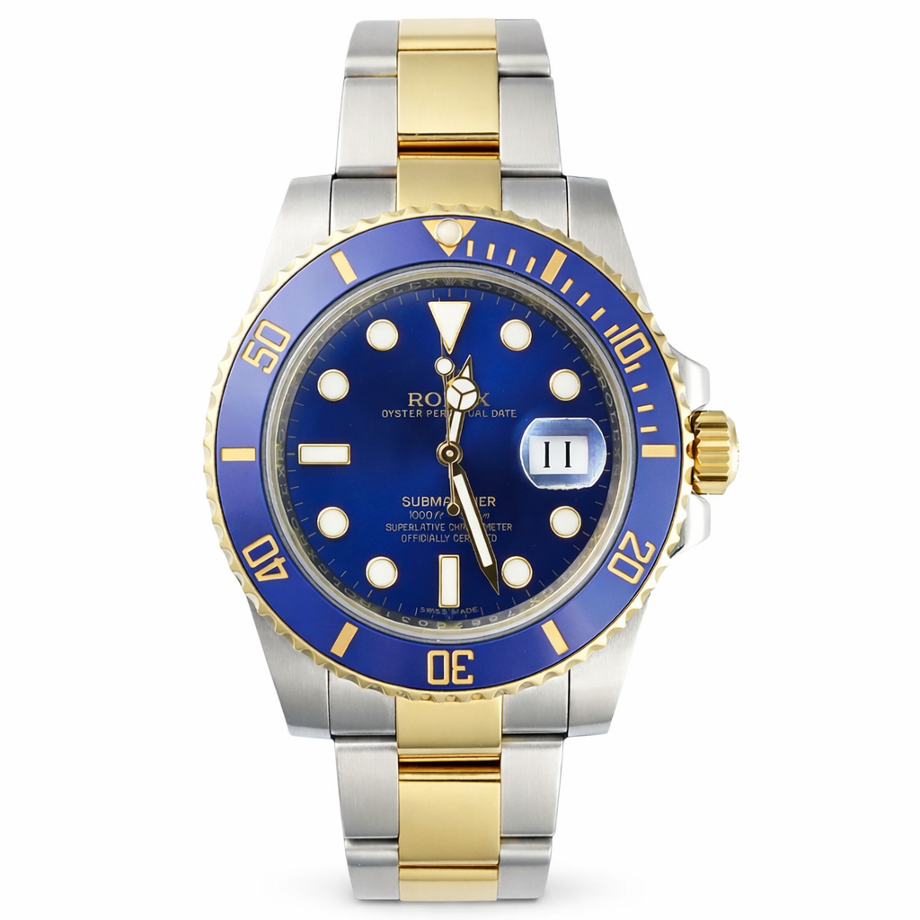 Two-tone watch with blue face and gold accents on a white background
