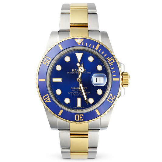 Two-tone watch with blue face and gold accents on a white background