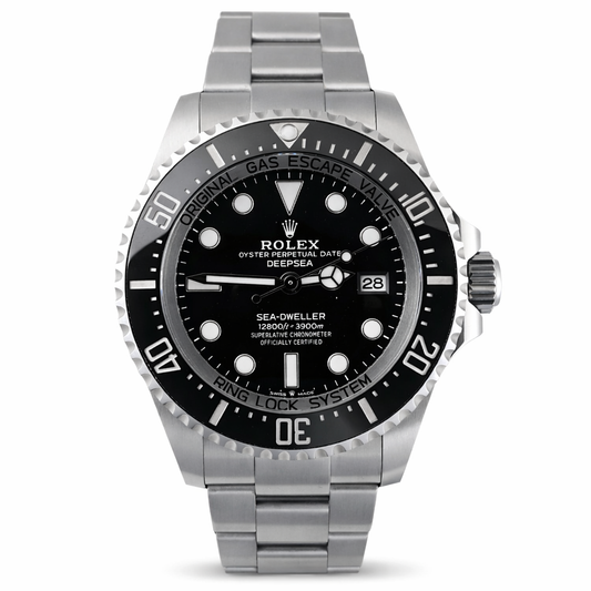 Rolex Deepsea watch with black dial and silver metal bracelet on a white background