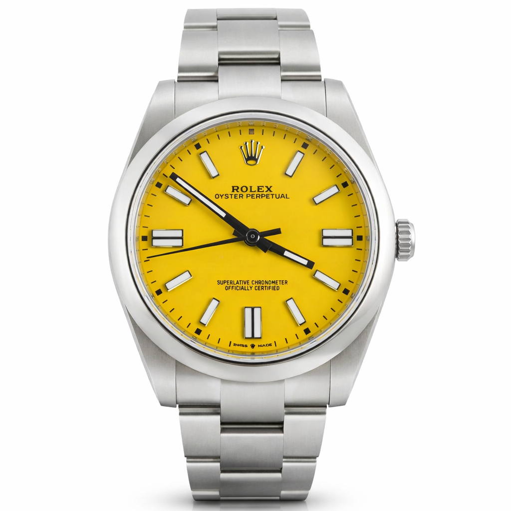 Rolex watch with a yellow face and silver bracelet on a white background
