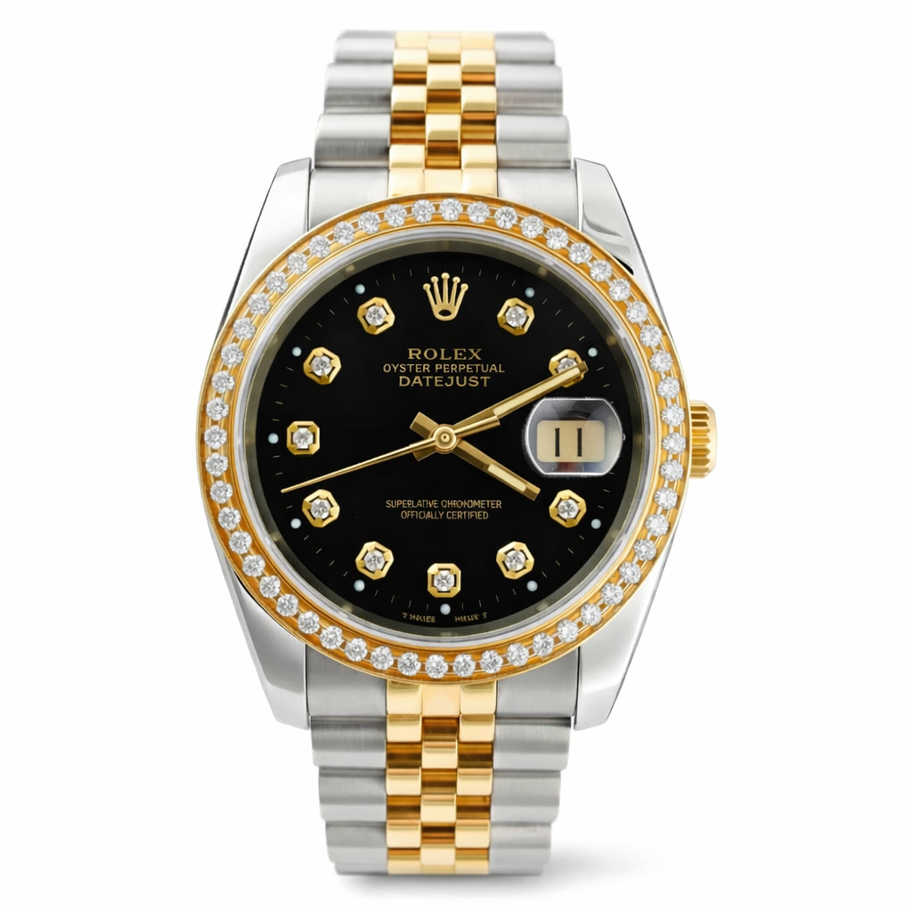 Luxury watch with black face, gold accents, and diamond-studded bezel on a white background