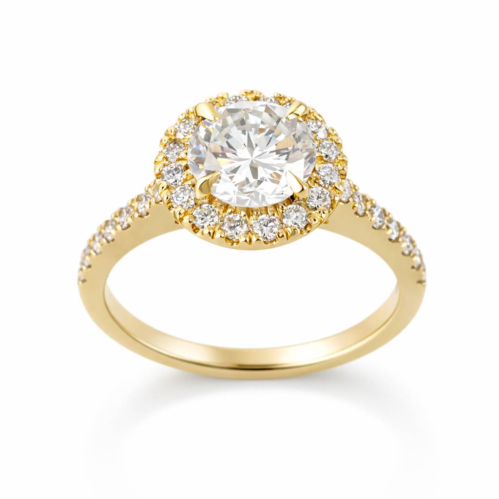Gold ring with a large diamond and smaller diamonds on a white background
