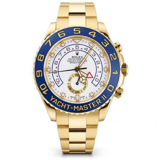 Rolex Yacht-Master II gold-tone watch with a blue bezel and white dial, shown on a clean white background.