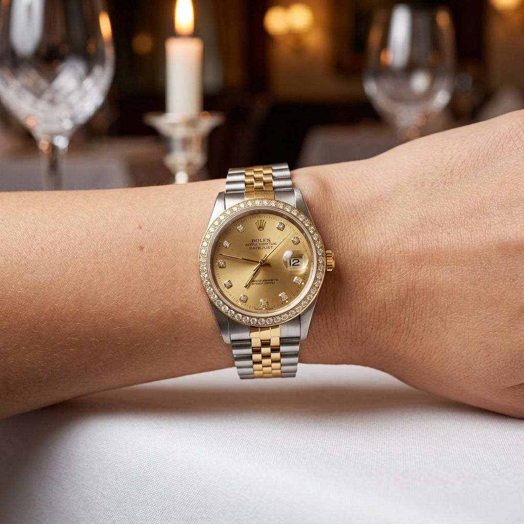 A Rolex Datejust watch with a gold dial and two-tone steel and gold Oyster bracelet, worn on a person's wrist in a softly blurred restaurant setting.