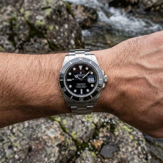 A Rolex Submariner Date watch with a black dial and silver stainless steel case and bracelet, worn on a person's wrist with a blurred rocky stream background.