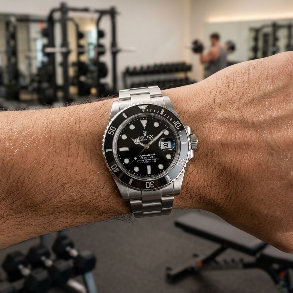 A stainless steel Rolex Submariner watch with a black dial and black rotating bezel, worn on a person's wrist in a gym setting.