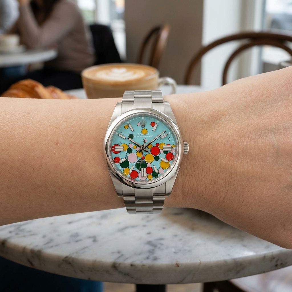 A stainless steel wristwatch with a colorful, patterned dial is shown worn on a person's wrist in a cafe setting.
