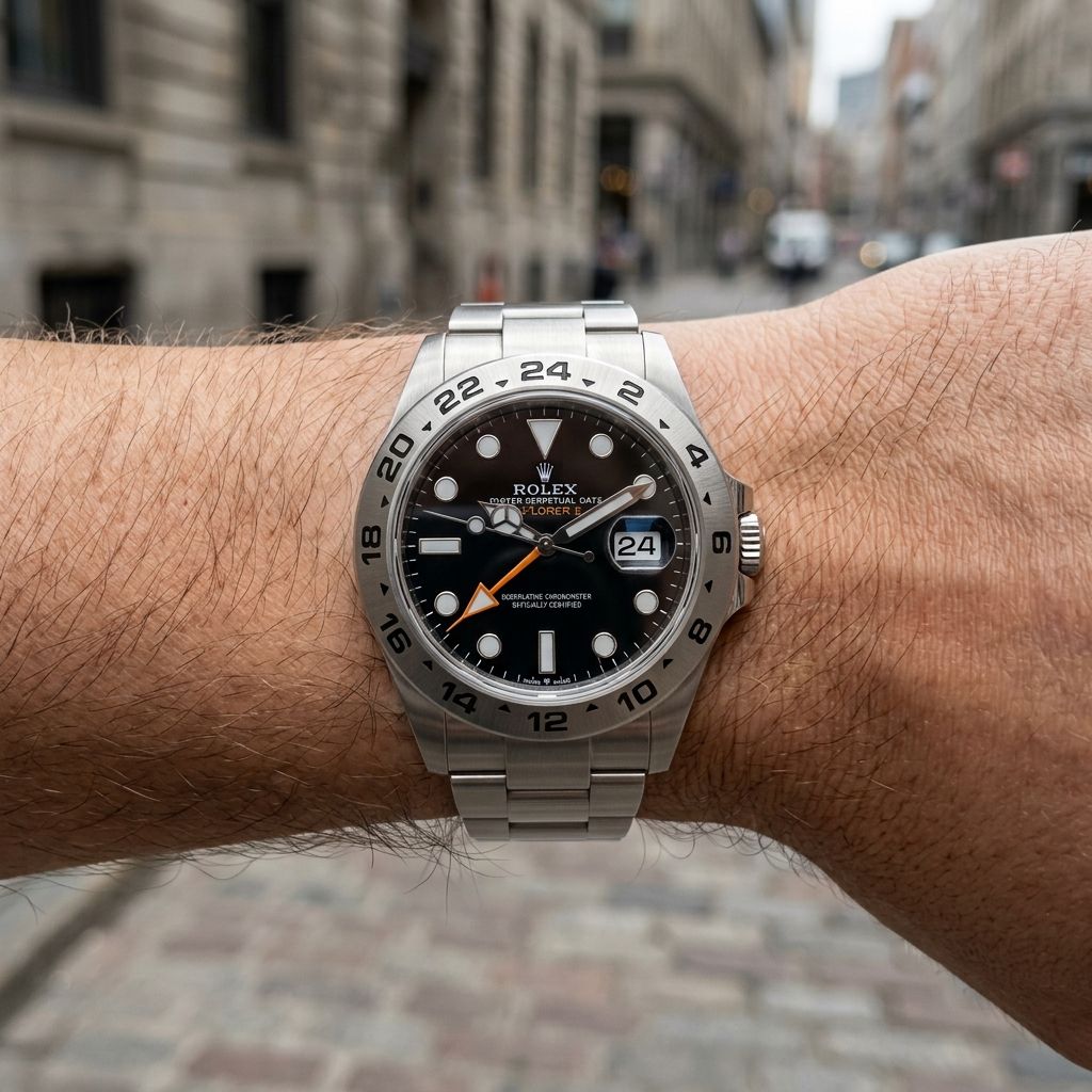 A Rolex Submariner Date watch with a black dial and stainless steel bracelet, worn on a person's wrist against a blurred city street background.