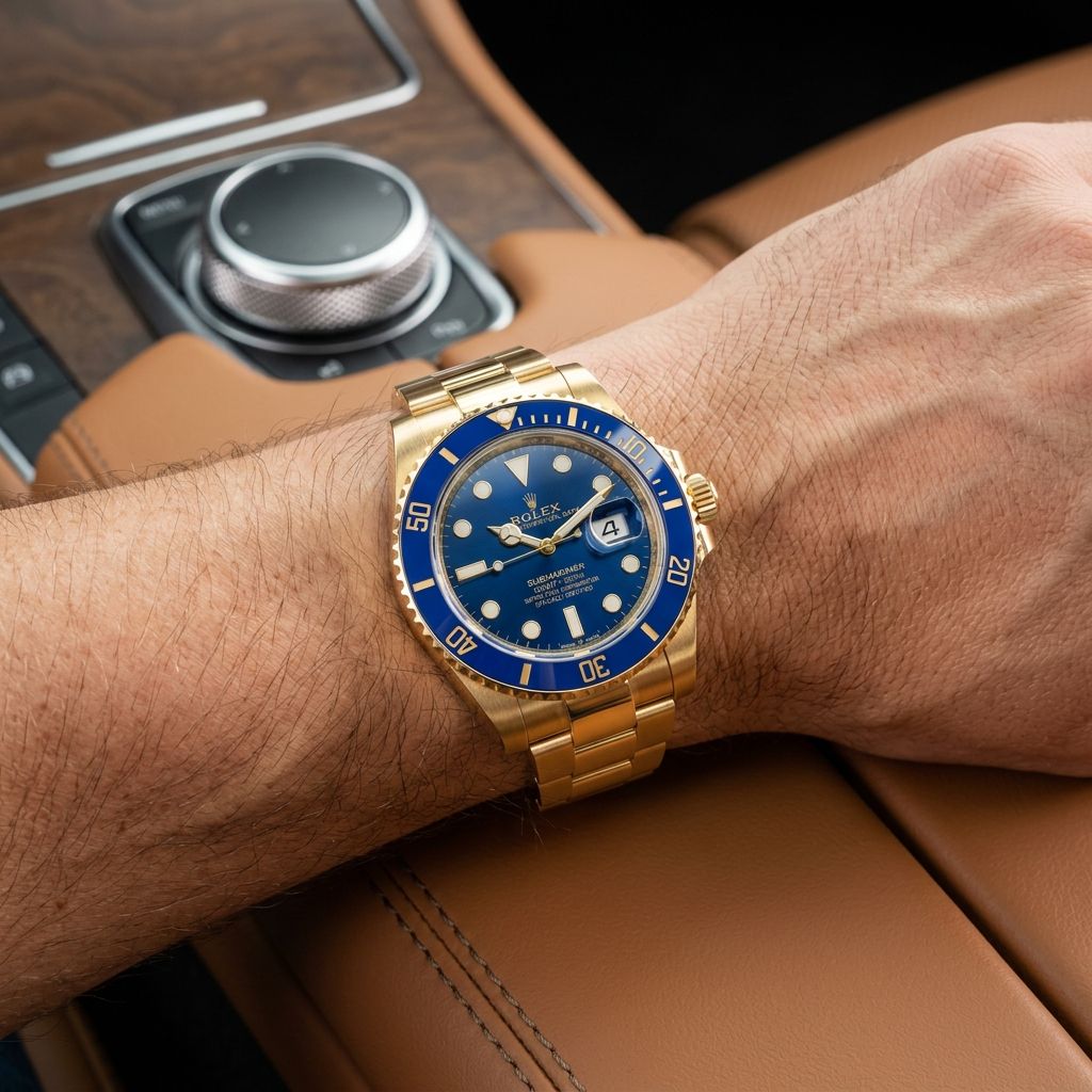 A gold-tone Rolex Submariner watch with a blue bezel and dial, worn on a person's wrist inside a car with brown leather interior.