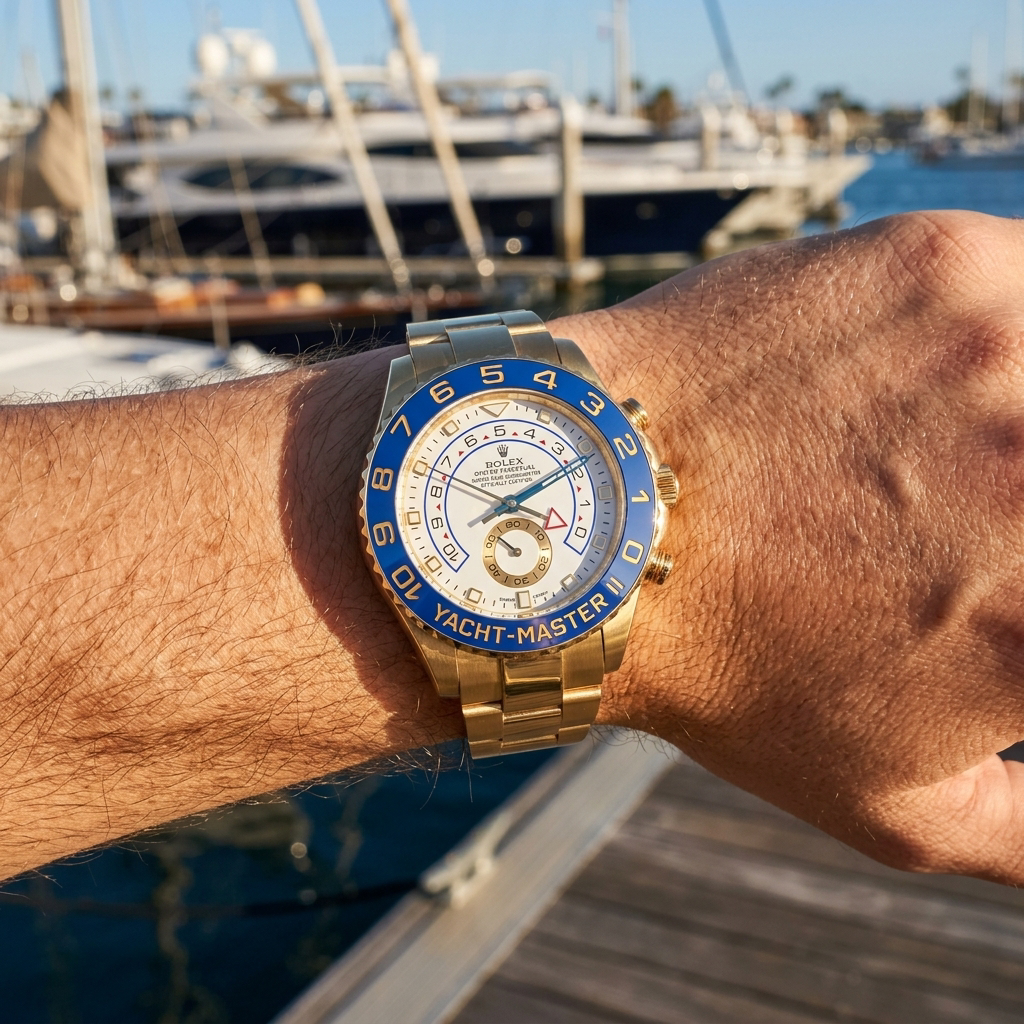 A gold-tone Rolex Yacht-Master II watch with a blue and white dial, worn on a person's wrist with a marina and yachts in the background.