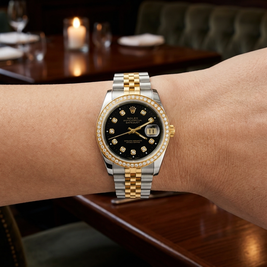 A Rolex Datejust watch with a black dial, gold and silver two-tone bracelet, and a diamond-encrusted bezel, shown worn on a person's wrist in a dimly lit restaurant setting.