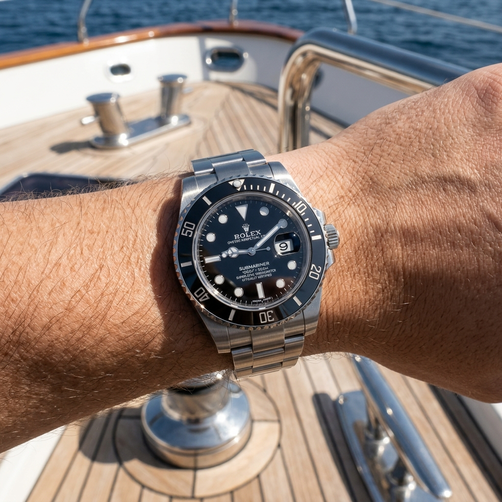 A Rolex Submariner watch with a stainless steel bracelet and black dial, worn on a person's wrist on a wooden yacht deck with the ocean in the background.