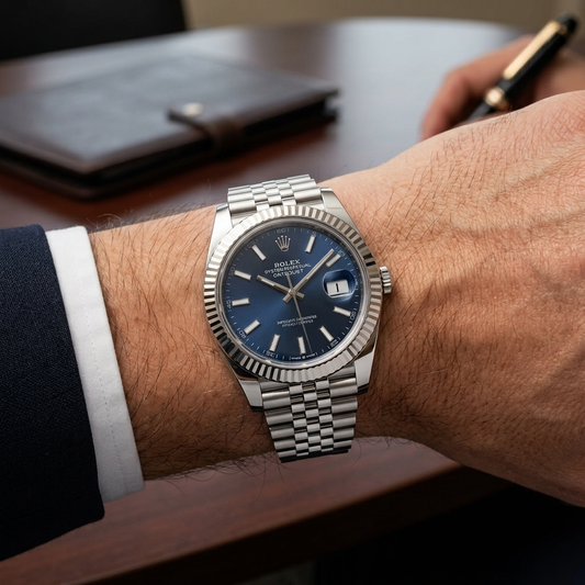 A Rolex Datejust watch with a blue dial and stainless steel Oyster bracelet worn on a person's wrist, with a blurred office desk and leather wallet in the background.