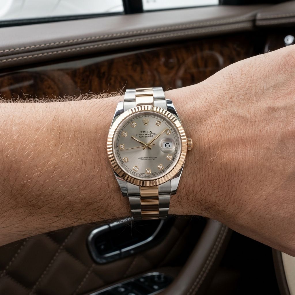 A Rolex Oyster Perpetual Datejust watch with a two-tone yellow gold and stainless steel bracelet, featuring a champagne dial and fluted bezel, shown on a person's wrist inside a car.