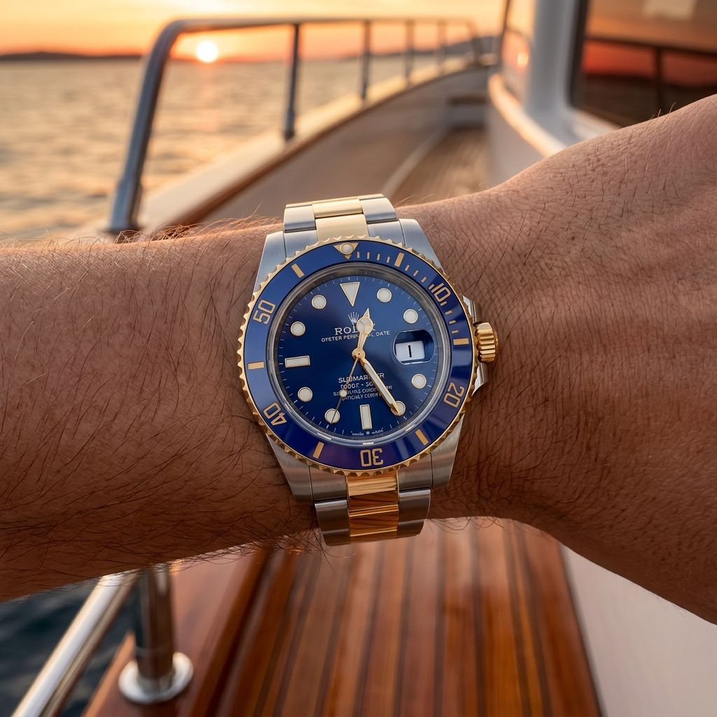 A Rolex Submariner watch with a blue dial and blue bezel, paired with a two-tone steel and gold bracelet, worn on a person's wrist on a wooden boat deck at sunset.