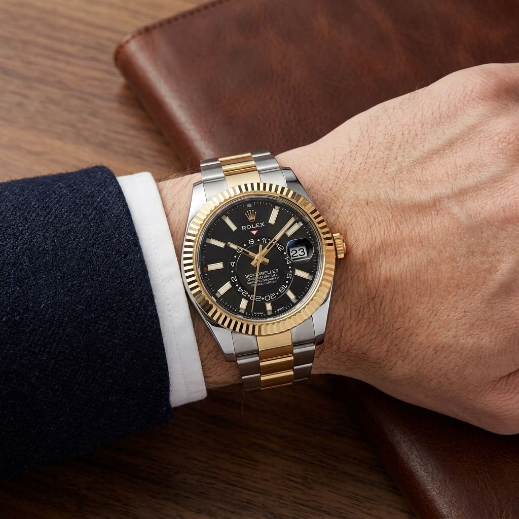 A Rolex Submariner Date watch with a two-tone gold and silver stainless steel bracelet, worn on a wrist. The watch features a black dial with gold-tone indices and a gold fluted bezel.