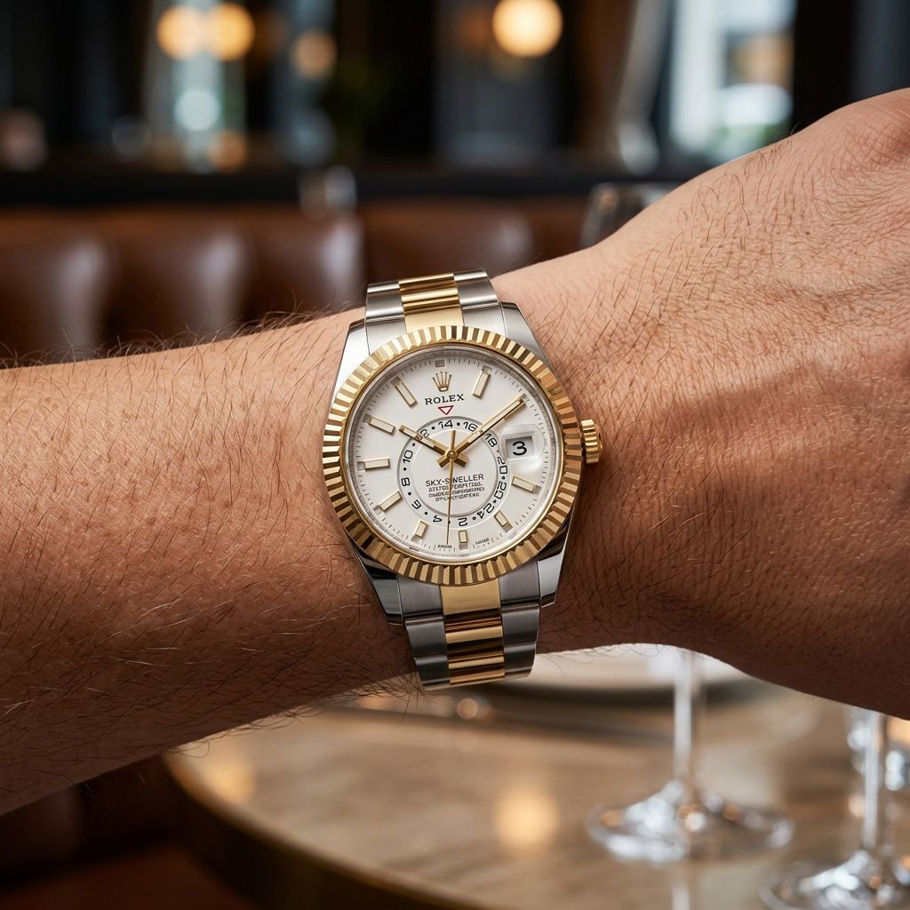 A Rolex Oyster Perpetual Datejust watch with a two-tone silver and gold stainless steel bracelet, gold fluted bezel, and white dial, shown worn on a person's wrist in a blurred bar setting.