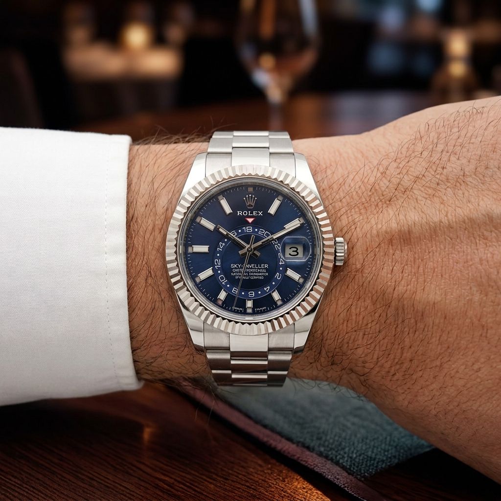 A Rolex Submariner watch with a blue dial and stainless steel bracelet worn on a person's wrist, with a blurred bar or restaurant background.