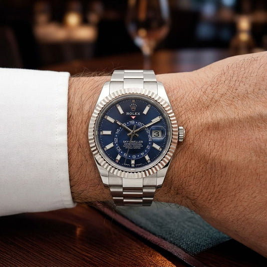 A Rolex Submariner watch with a blue dial and stainless steel bracelet worn on a person's wrist, with a blurred bar or restaurant background.