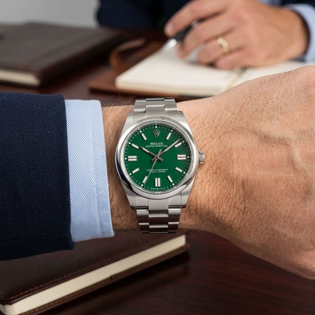 A Rolex Oyster Perpetual Datejust watch with a green dial and silver stainless steel case, worn on a man's wrist in a professional setting with notebooks on a wooden desk.