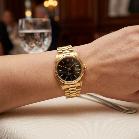 A gold-tone Rolex wristwatch with a black dial and date window, worn on a person's wrist in a softly blurred indoor setting.