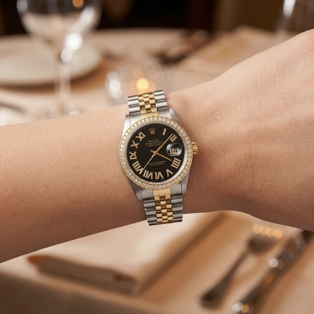 A two-tone Rolex Datejust watch with a black dial, gold Roman numerals, and a diamond-encrusted bezel, shown worn on a person's wrist in a softly blurred restaurant setting.