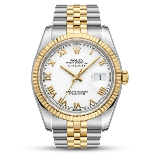 Rolex Oyster Perpetual Datejust watch with a two-tone stainless steel and gold jubilee bracelet, featuring a white dial with gold-tone Roman numerals and hands.
